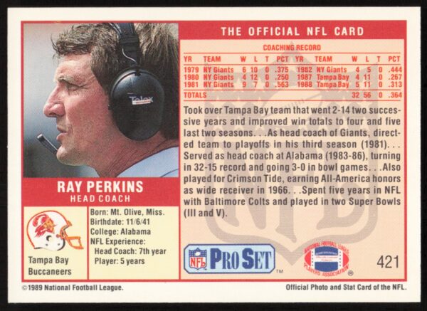 1989 Pro Set Ray Perkins #421 (Back)