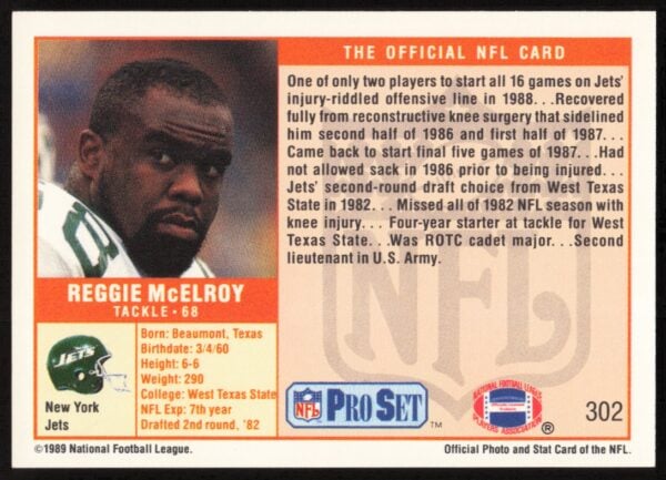 1989 Pro Set Reggie McElroy #302 (Back)