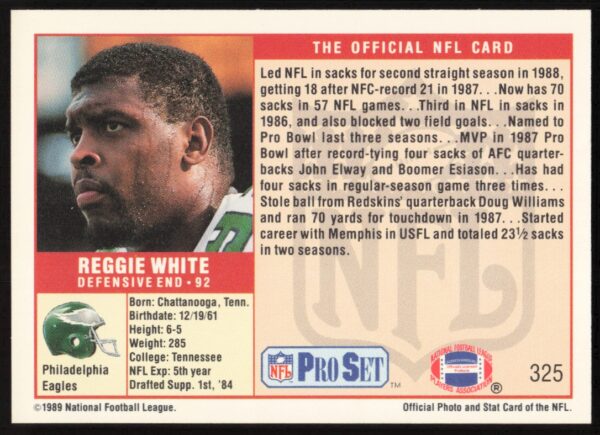 1989 Pro Set Reggie White #325 (Back)