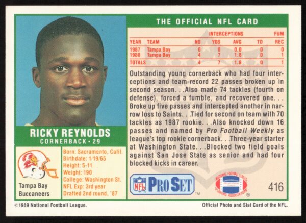 1989 Pro Set Ricky Reynolds #416 (Back)