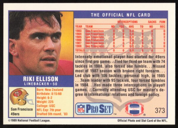 1989 Pro Set Riki Ellison #373 (Back)