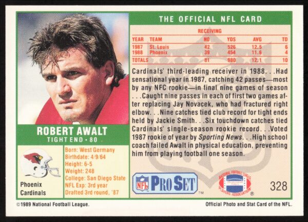 1989 Pro Set Robert Awalt #328 (Back)