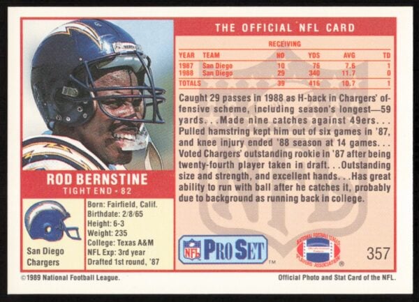 1989 Pro Set Rod Bernstine #357 (Back)