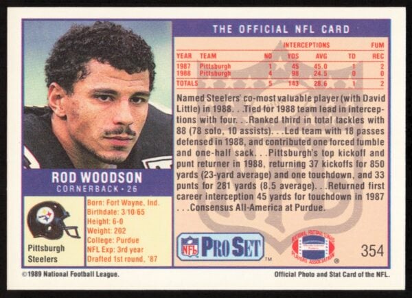 1989 Pro Set Rod Woodson #354 (Back)