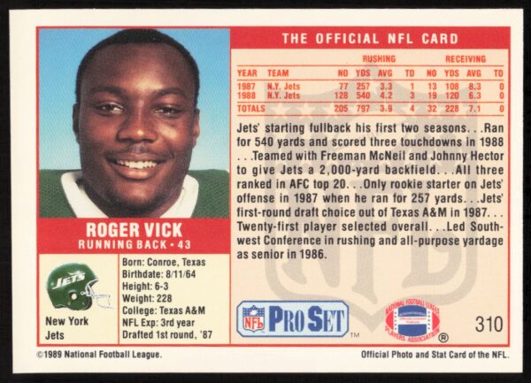 1989 Pro Set Roger Vick #310 (Back)