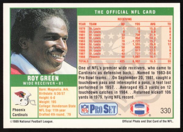 1989 Pro Set Roy Green #330 (Back)