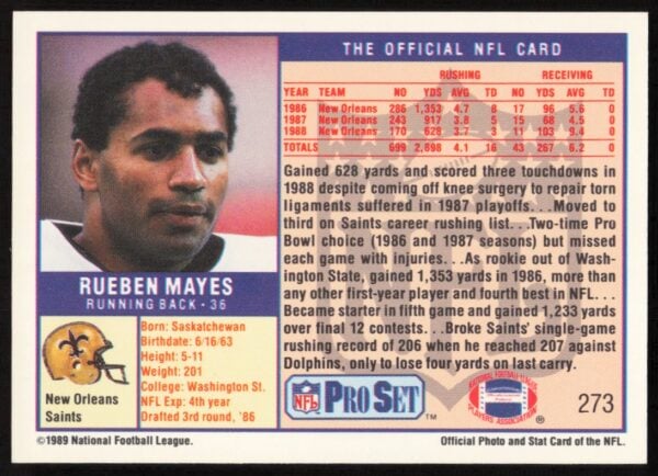 1989 Pro Set Rueben Mayes #273 (Back)
