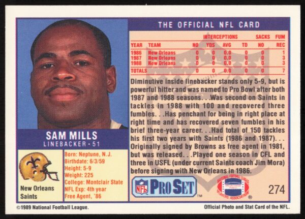 1989 Pro Set Sam Mills #274 (Back)