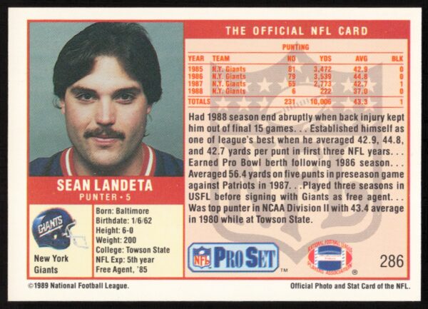 1989 Pro Set Sean Landeta #286 (Back)