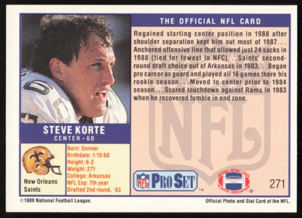 1989 Pro Set Steve Korte #271 (Back)