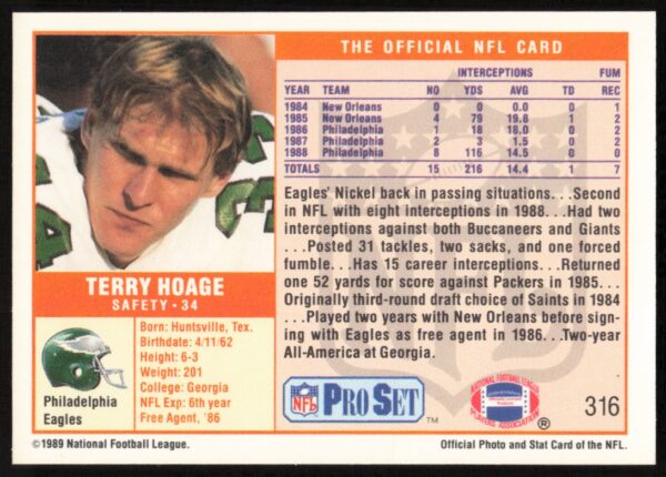 1989 Pro Set Terry Hoage #316 (Back)