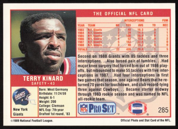 1989 Pro Set Terry Kinard #285 (Back)