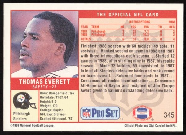 1989 Pro Set Thomas Everett #345 (Back)