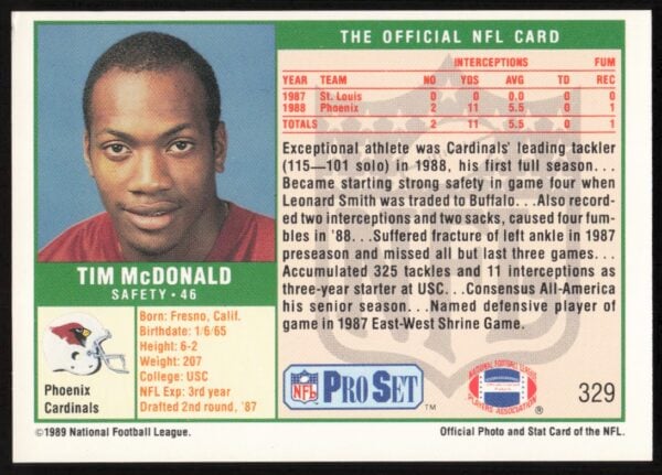 1989 Pro Set Tim McDonald #329 (Back)