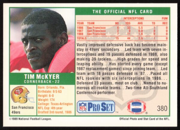 1989 Pro Set Tim McKyer #380 (Back)