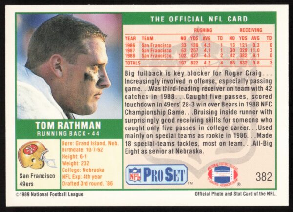 1989 Pro Set Tom Rathman #382 (Back)