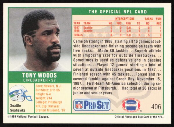 1989 Pro Set Tony Woods #406 (Back)