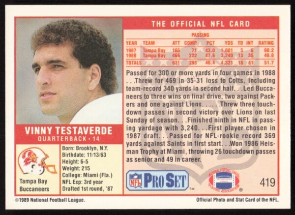 1989 Pro Set Vinny Testaverde #419 (Back)