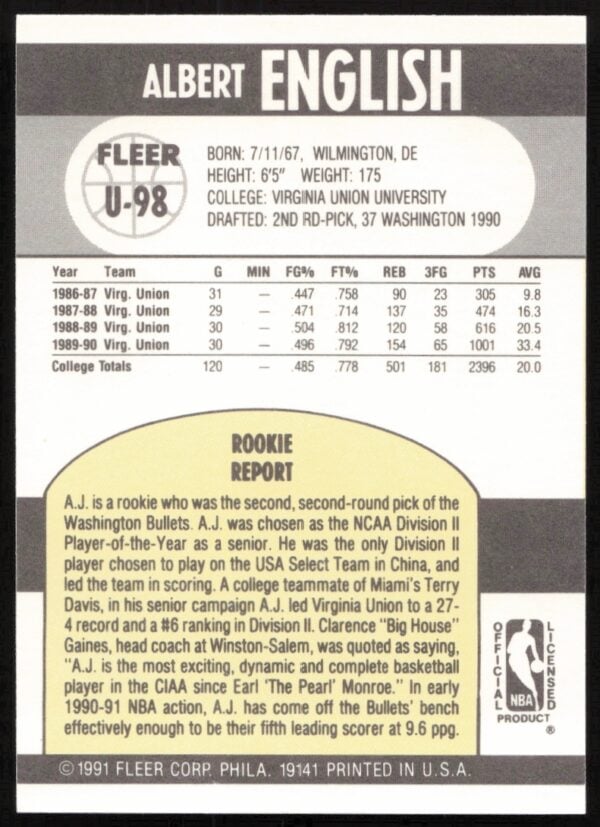 1990-91 Fleer Update A.J. English #U-98 (Back)