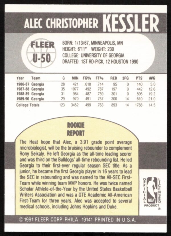 1990-91 Fleer Update Alec Kessler #U-50 (Back)