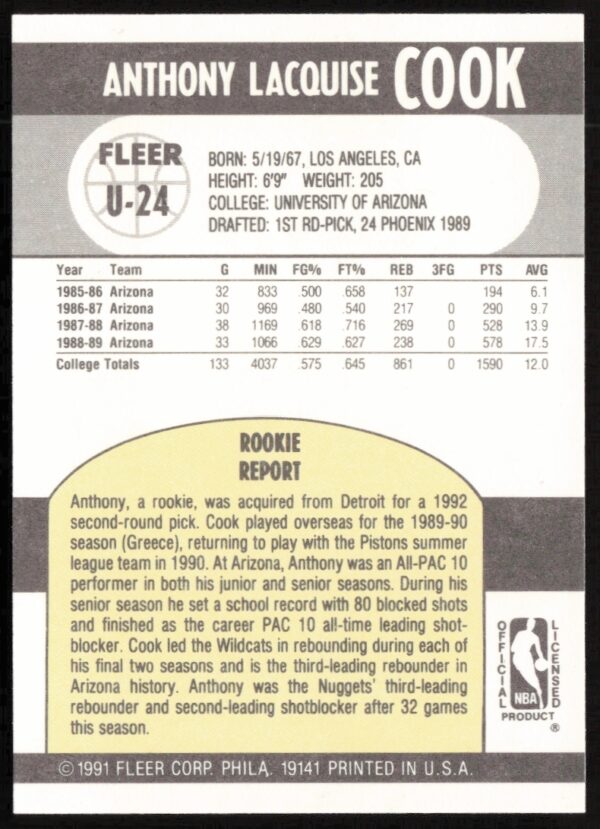 1990-91 Fleer Update Anthony Cook #U-24 (Back)