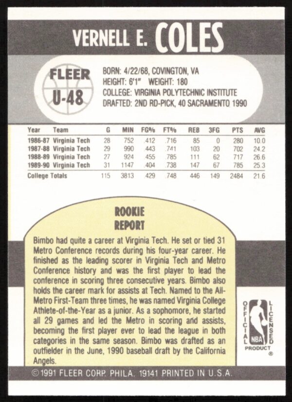 1990-91 Fleer Update Bimbo Coles #U-48 (Back)