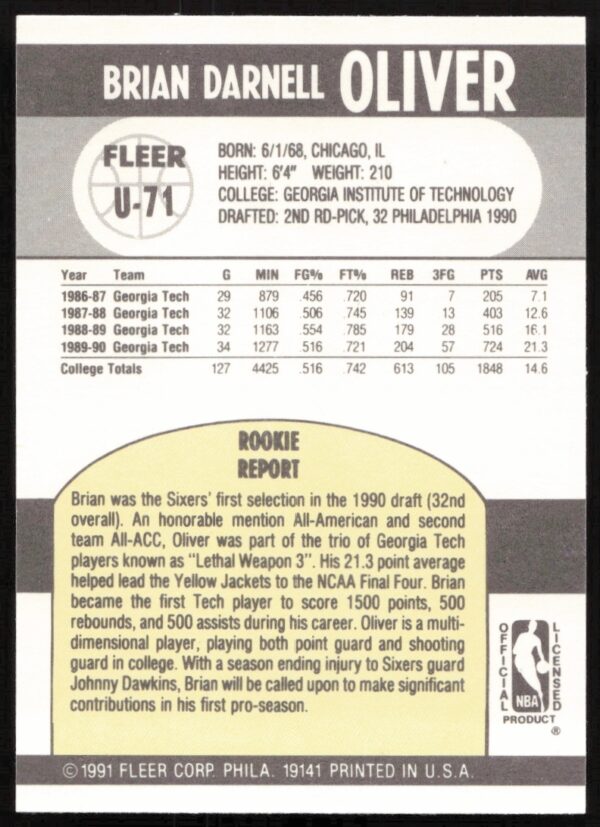 1990-91 Fleer Update Brian Oliver #U-71 (Back)