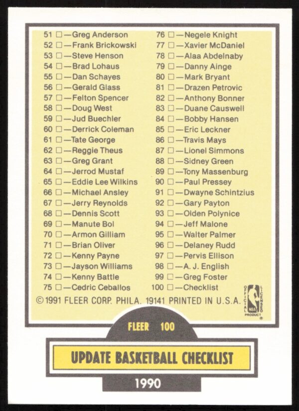 1990-91 Fleer Update Checklist #U-100 (Back)