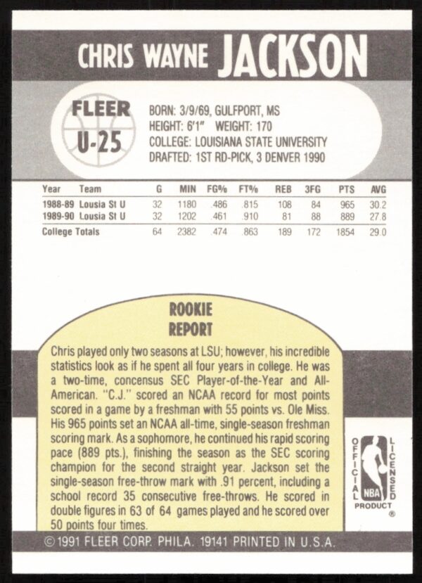 1990-91 Fleer Update Chris Jackson #U-25 (Back)