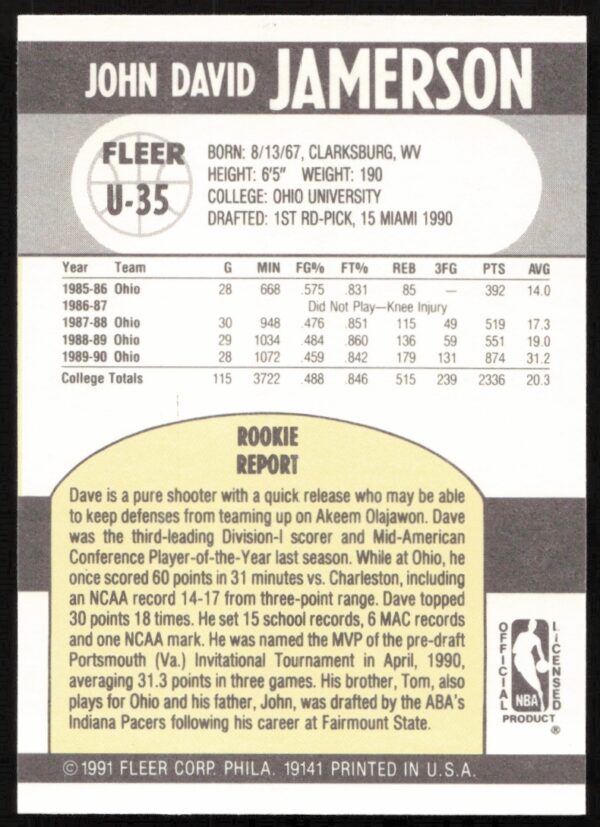 1990-91 Fleer Update Dave Jamerson #U-35 (Back)