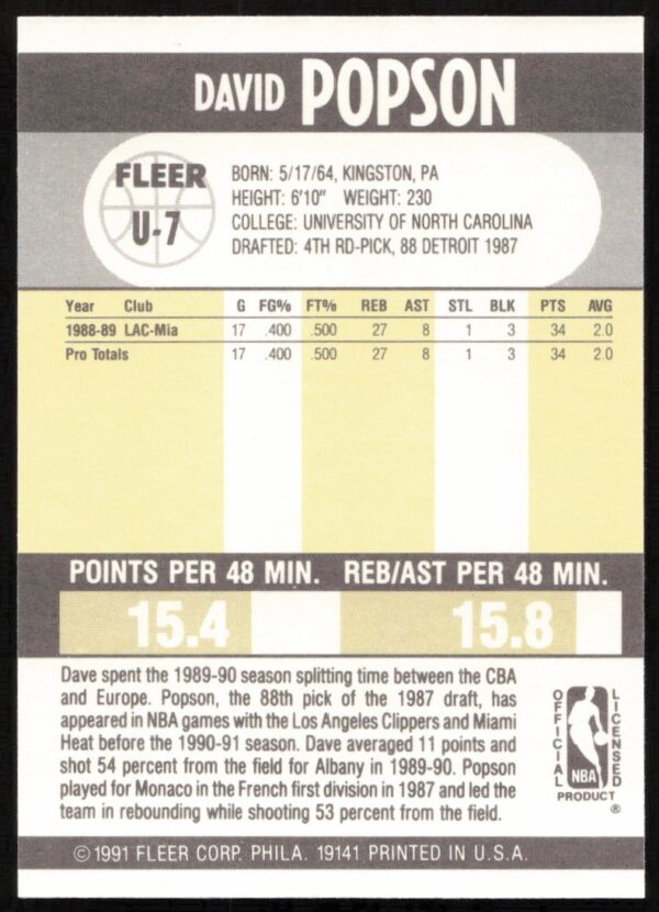 1990-91 Fleer Update Dave Popson #U-7 (Back)