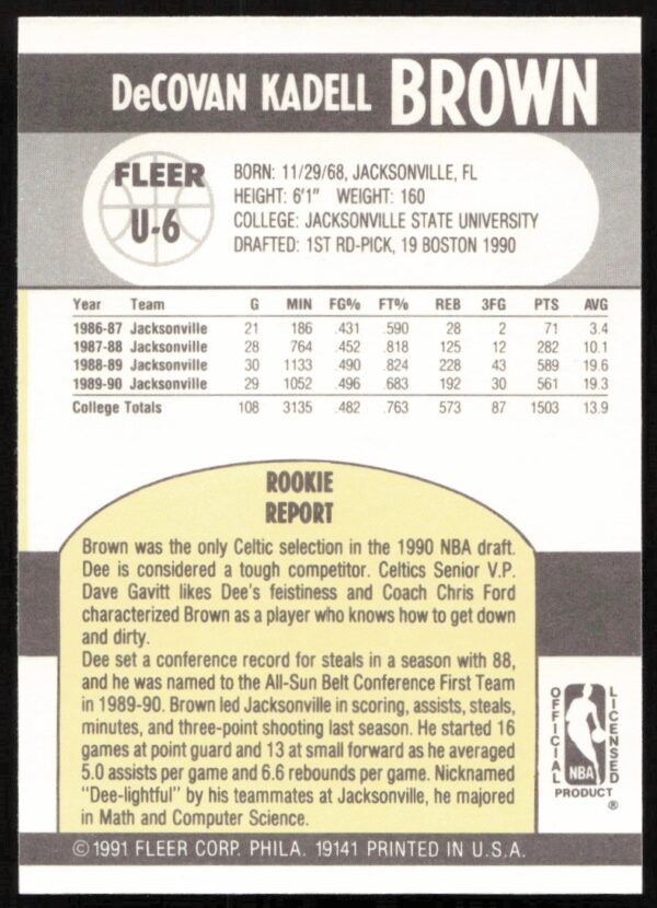 1990-91 Fleer Update Dee Brown #U-6 (Back)