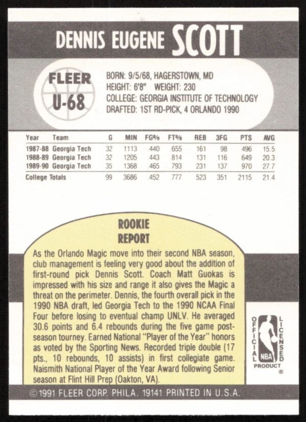 1990-91 Fleer Update Dennis Scott #U-68 (Back)