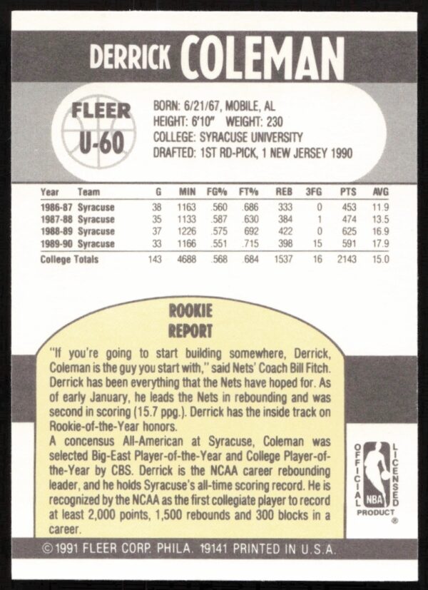1990-91 Fleer Update Derrick Coleman #U-60 (Back)