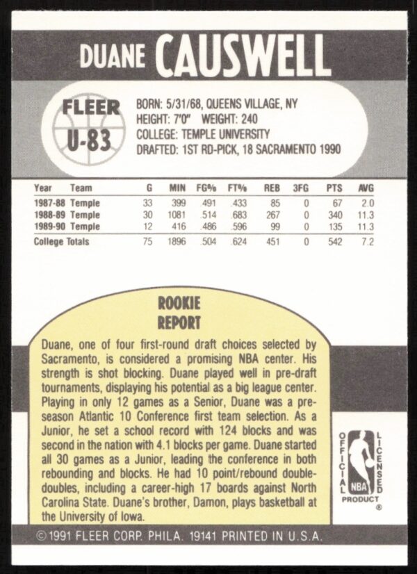 1990-91 Fleer Update Duane Causwell #U-83 (Back)