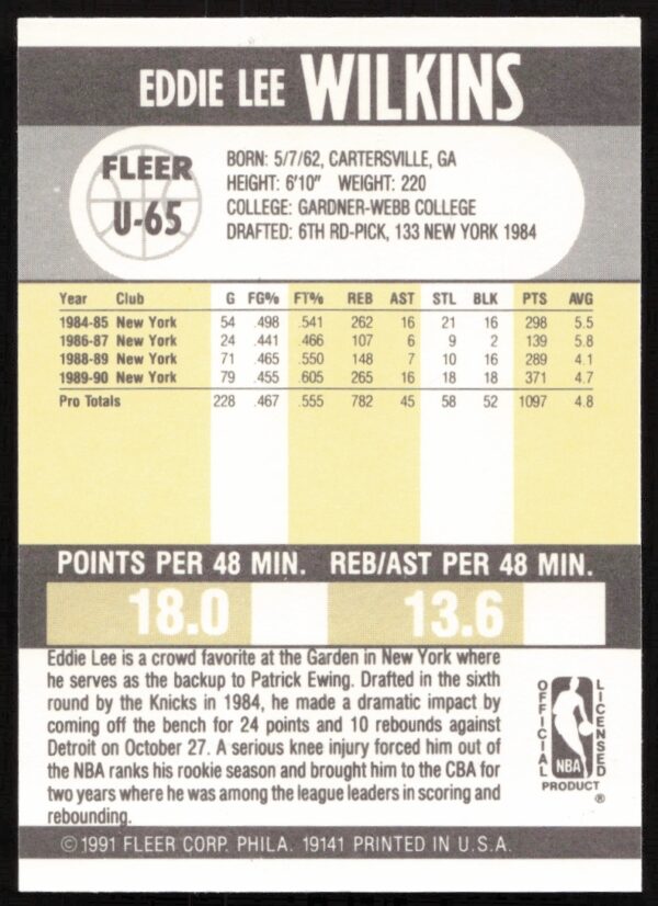 1990-91 Fleer Update Eddie Lee Wilkins #U-65 (Back)