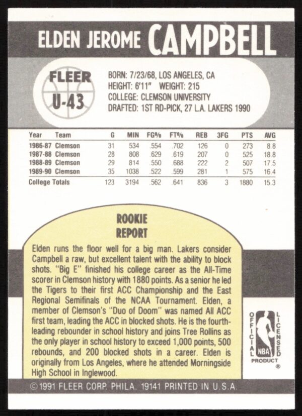 1990-91 Fleer Update Elden Campbell #U-43 (Back)