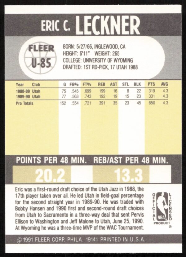 1990-91 Fleer Update Eric Leckner #U-85 (Back)