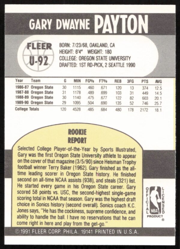 1990-91 Fleer Update Gary Payton #U-92 (Back)