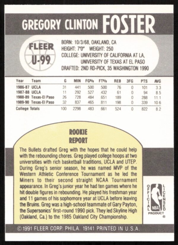 1990-91 Fleer Update Greg Foster #U-99 (Back)