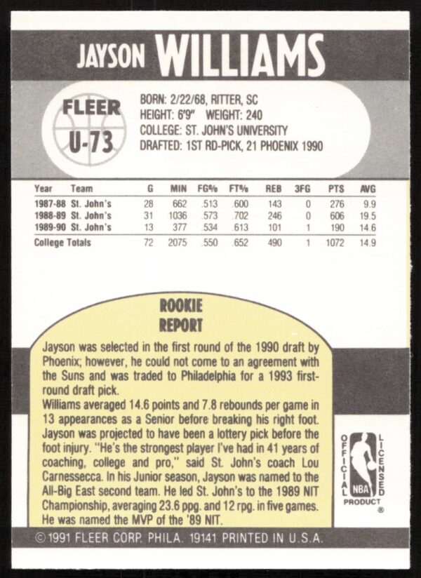 1990-91 Fleer Update Jayson Williams #U-73 (Back)