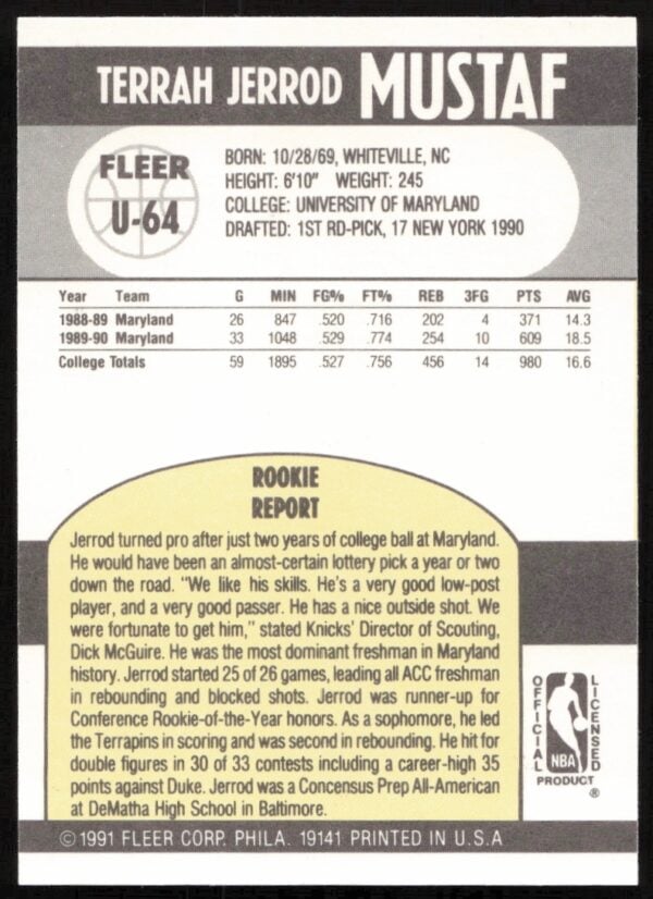 1990-91 Fleer Update Jerrod Mustaf #U-64 (Back)