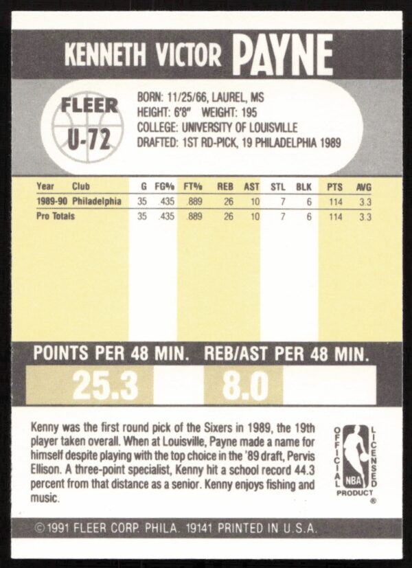 1990-91 Fleer Update Kenny Payne #U-72 (Back)