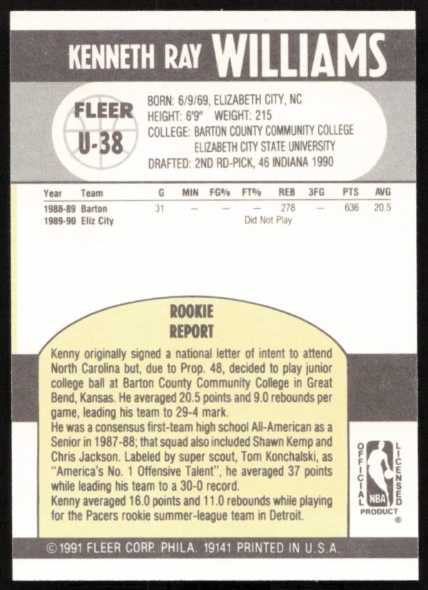 1990-91 Fleer Update Kenny Williams #U-38 (Back)