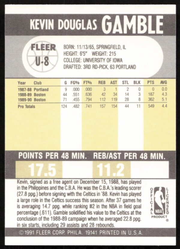 1990-91 Fleer Update Kevin Gamble #U-8 (Back)