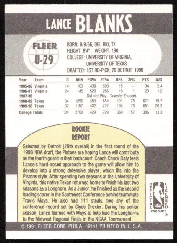 1990-91 Fleer Update Lance Blanks #U-29 (Back)