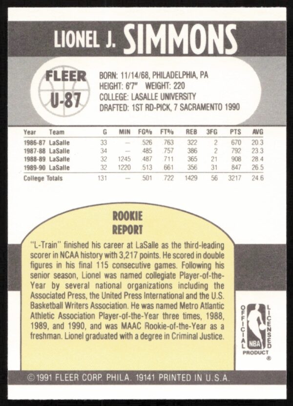 1990-91 Fleer Update Lionel Simmons #U-87 (Back)