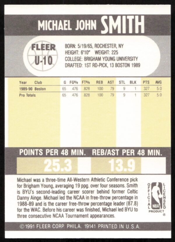 1990-91 Fleer Update Michael Smith #U-10 (Back)