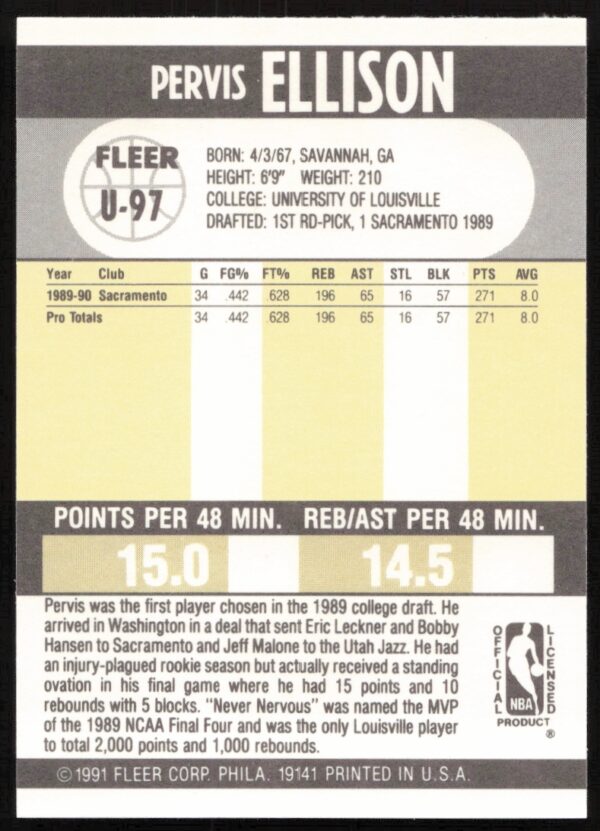 1990-91 Fleer Update Pervis Ellison #U-97 (Back)