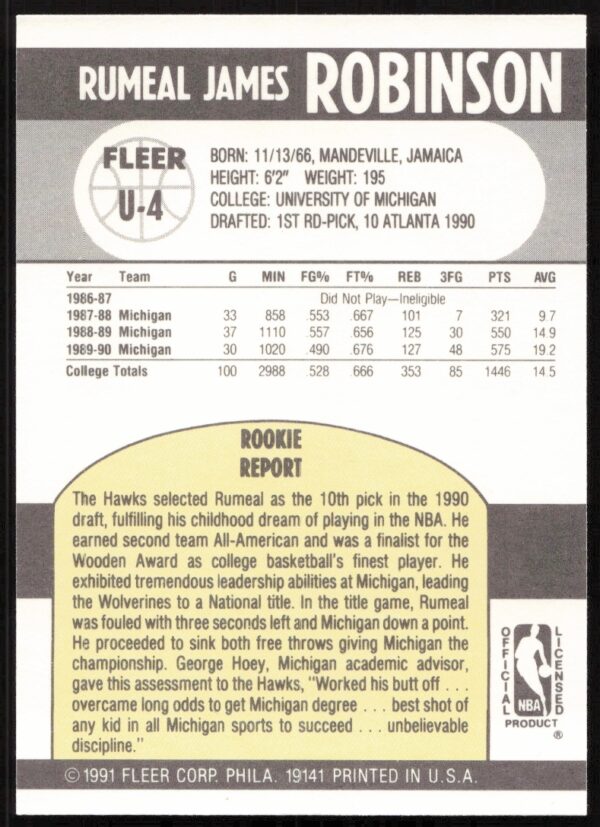 1990-91 Fleer Update Rumeal Robinson #U-4 (Back)